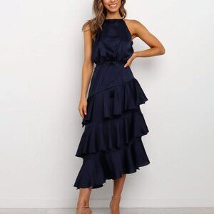 NEW Petal & Pup Seychelle Navy Blue Tiered Skirt Sleeveless Satin Midi Dress 14